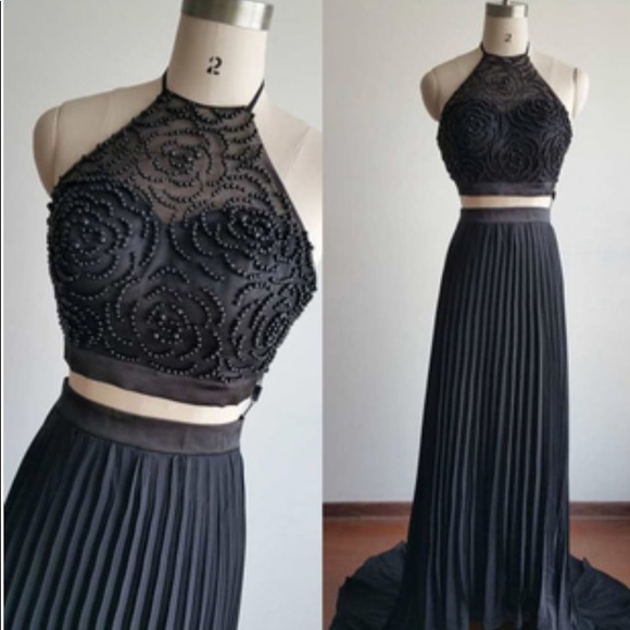 black halter top prom dress